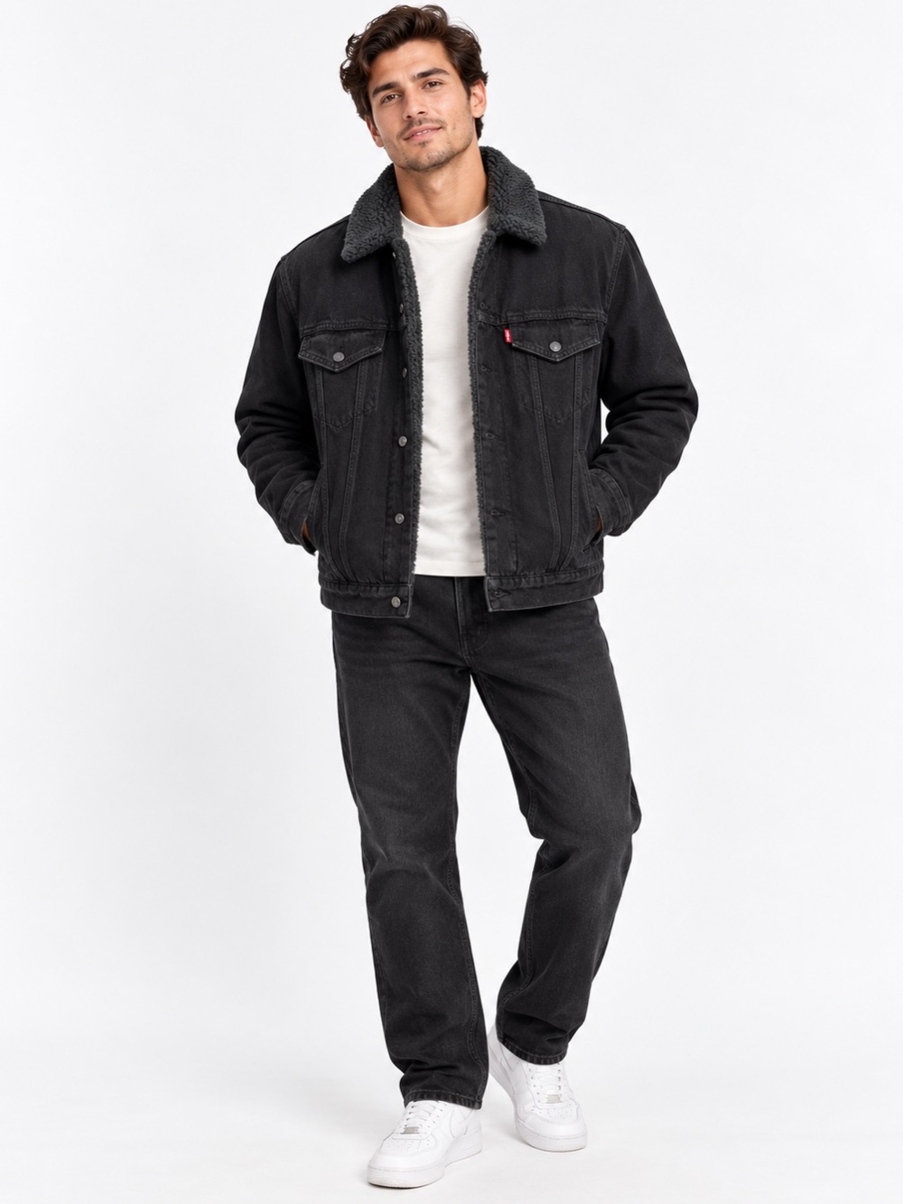 Levi’s Premium Heavy Black Sherpa Jacket Denim Trucker Size L